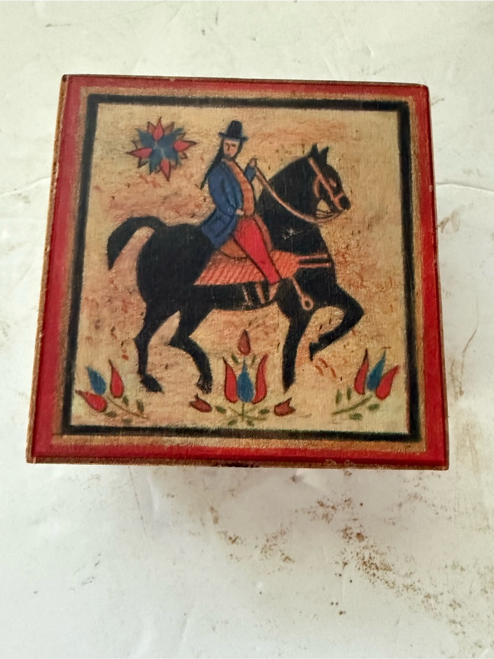 Hand-Painted Horseman Decorative Box - Red Accents
